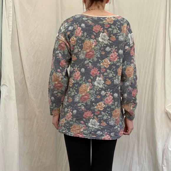 Pastel Blue, Pink, Gold and Green Floral Print Sweater Vintage 90s Cottagecore - Picture 3 of 7
